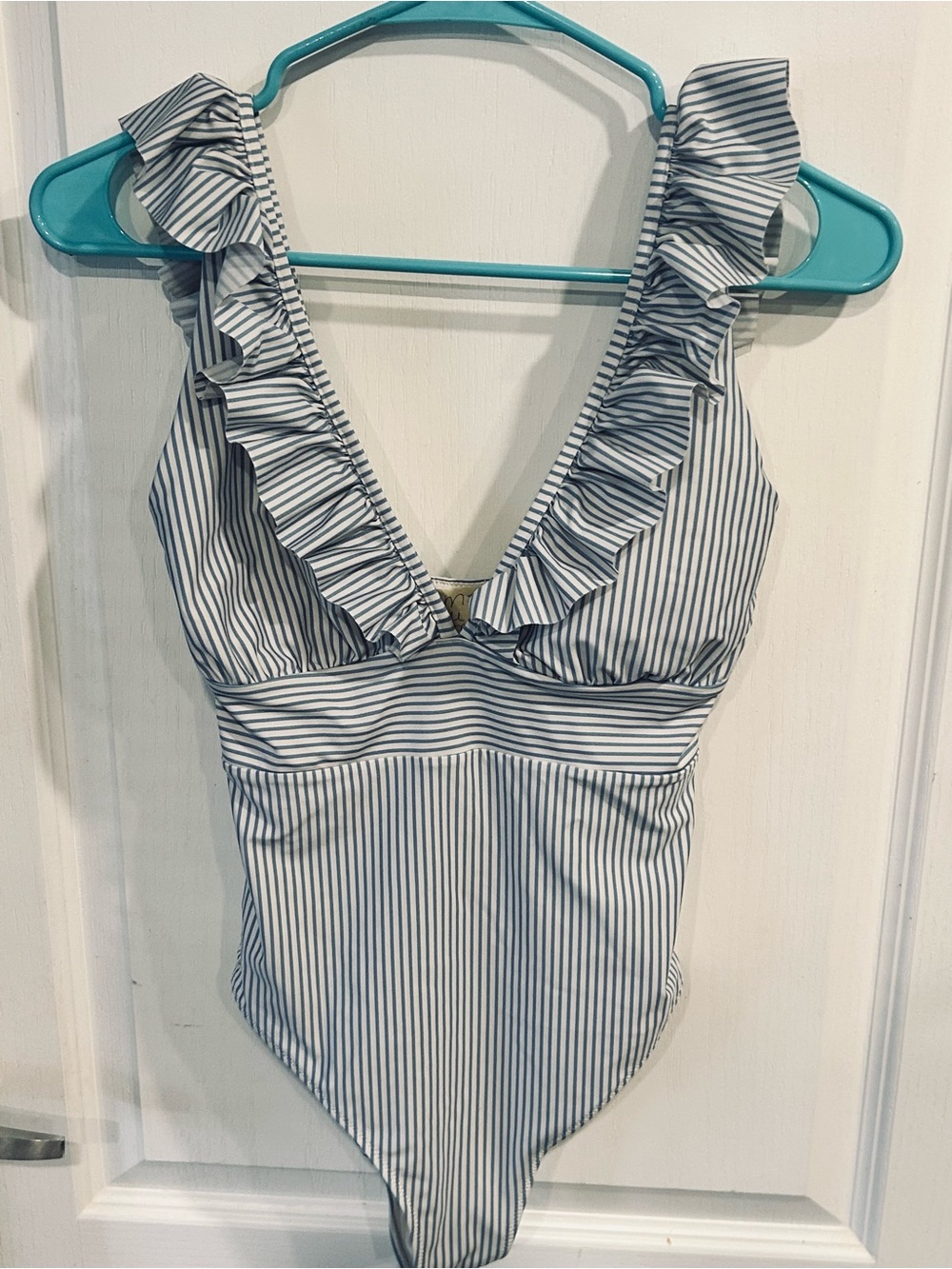 H&M Blue and White Striped Ruffle One-Piece Swimsuit.